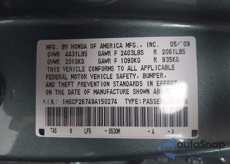 2009 Honda Accord 2.4 Ex z USA, uszkodzony, nr VIN 1HGCP26749A150274